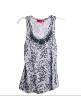 Elle Sleeveless Tank Top Women Size S Pink Floral Lace Design Beaded Collar Tank